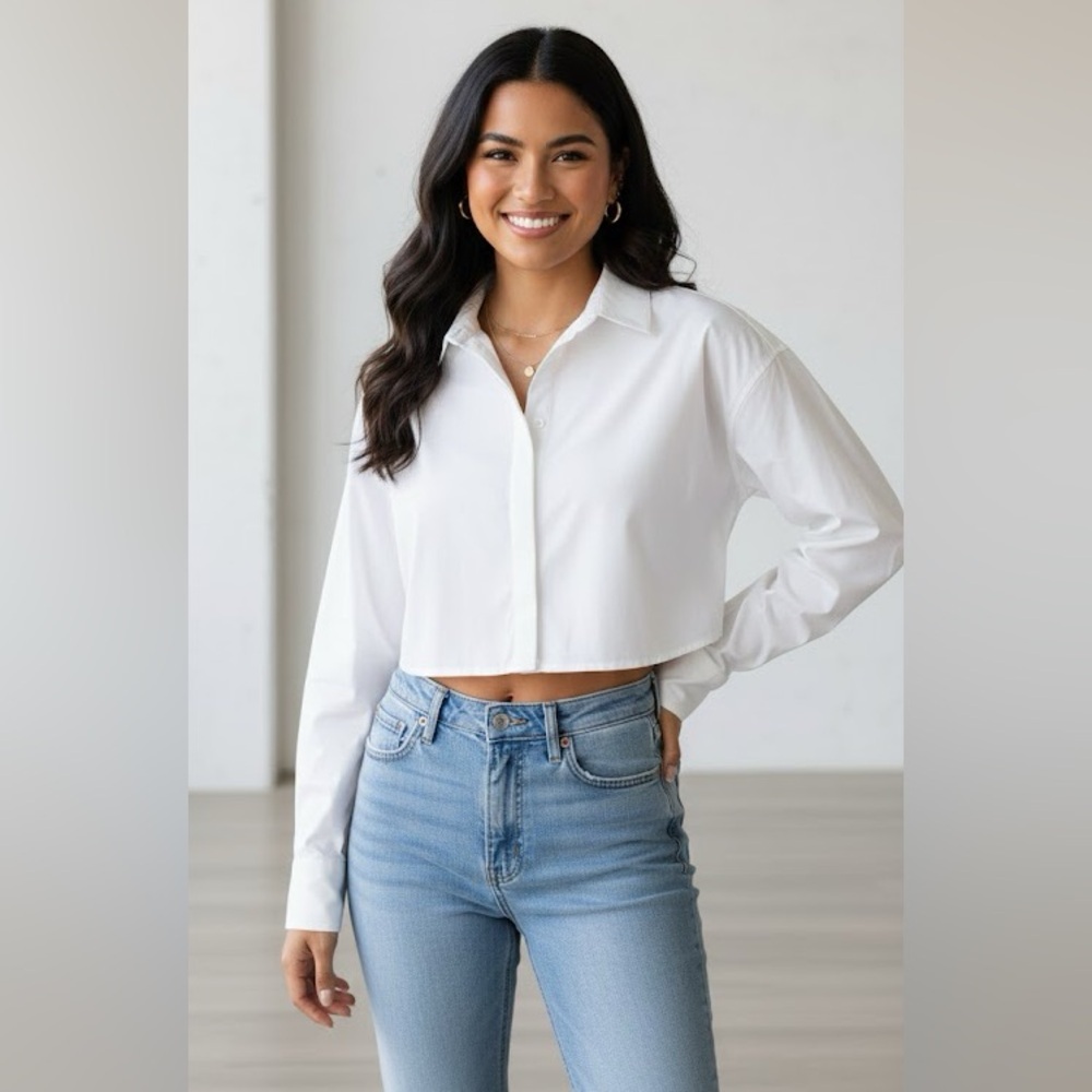Athleta White Button Down Cropped Shirt